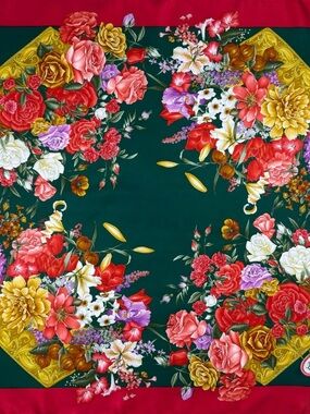 Vintage Gucci Floral Silk Scarf in Green, Red, Gold no tags care